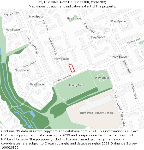 85, LUCERNE AVENUE, BICESTER, OX26 3EQ: Location map and indicative extent of plot