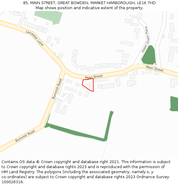 85, MAIN STREET, GREAT BOWDEN, MARKET HARBOROUGH, LE16 7HD: Location map and indicative extent of plot