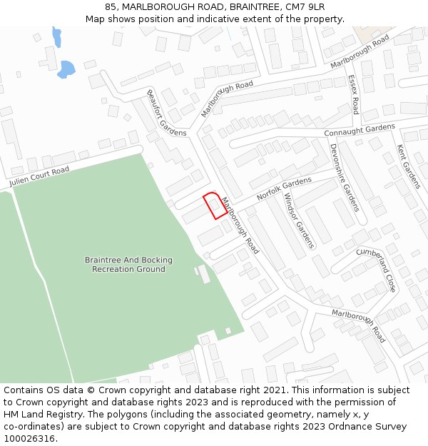 85, MARLBOROUGH ROAD, BRAINTREE, CM7 9LR: Location map and indicative extent of plot