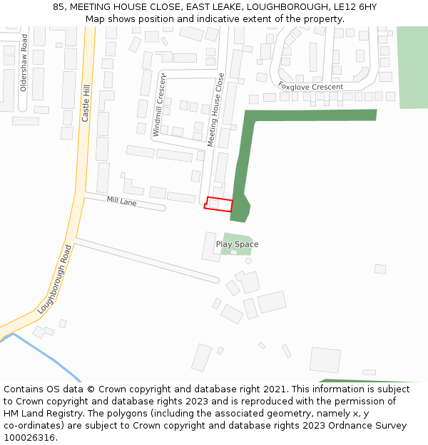 85, MEETING HOUSE CLOSE, EAST LEAKE, LOUGHBOROUGH, LE12 6HY: Location map and indicative extent of plot