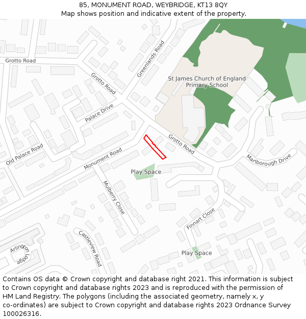 85, MONUMENT ROAD, WEYBRIDGE, KT13 8QY: Location map and indicative extent of plot