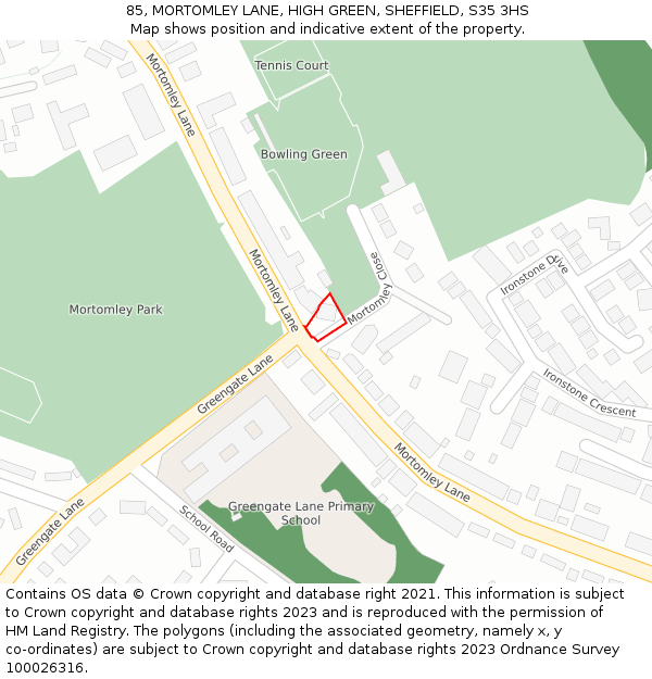 85, MORTOMLEY LANE, HIGH GREEN, SHEFFIELD, S35 3HS: Location map and indicative extent of plot