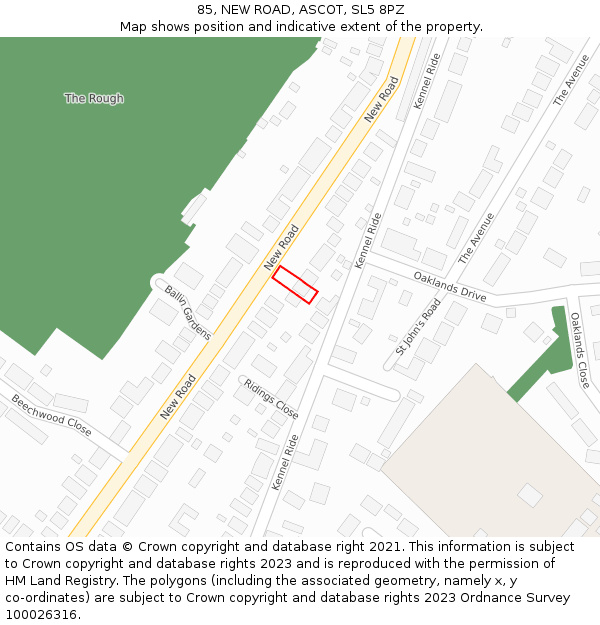 85, NEW ROAD, ASCOT, SL5 8PZ: Location map and indicative extent of plot