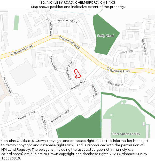 85, NICKLEBY ROAD, CHELMSFORD, CM1 4XG: Location map and indicative extent of plot