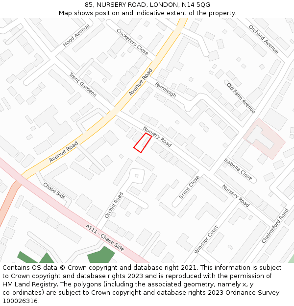 85, NURSERY ROAD, LONDON, N14 5QG: Location map and indicative extent of plot
