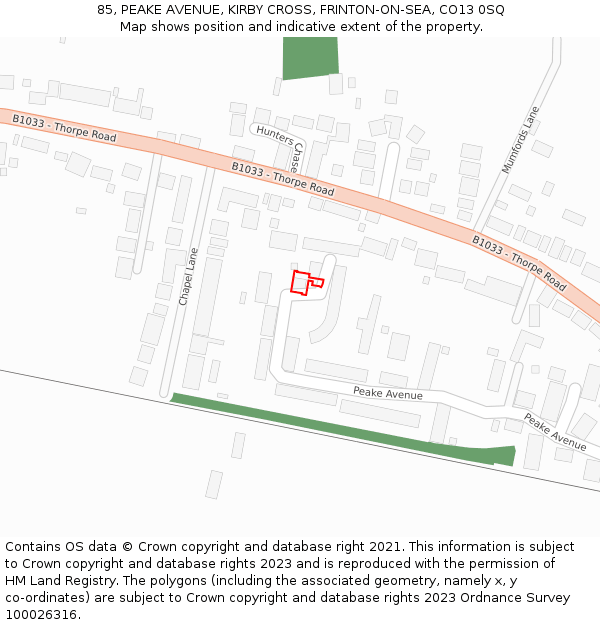 85, PEAKE AVENUE, KIRBY CROSS, FRINTON-ON-SEA, CO13 0SQ: Location map and indicative extent of plot