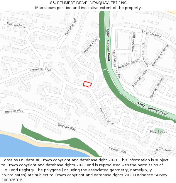 85, PENMERE DRIVE, NEWQUAY, TR7 1NS: Location map and indicative extent of plot