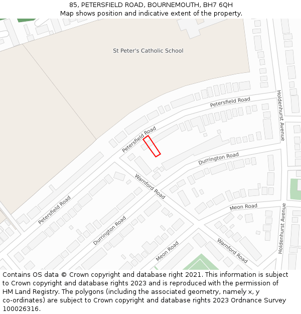 85, PETERSFIELD ROAD, BOURNEMOUTH, BH7 6QH: Location map and indicative extent of plot