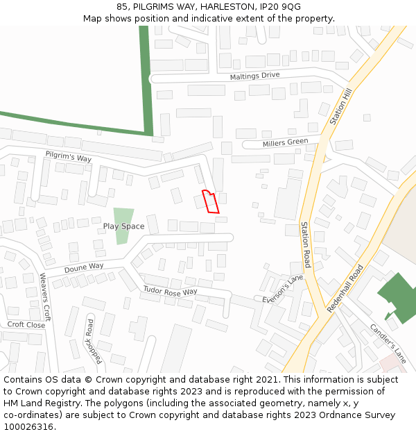 85, PILGRIMS WAY, HARLESTON, IP20 9QG: Location map and indicative extent of plot