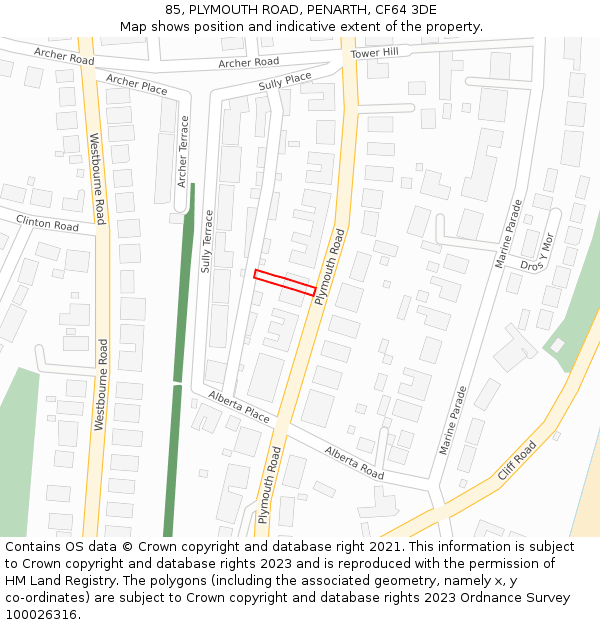 85, PLYMOUTH ROAD, PENARTH, CF64 3DE: Location map and indicative extent of plot