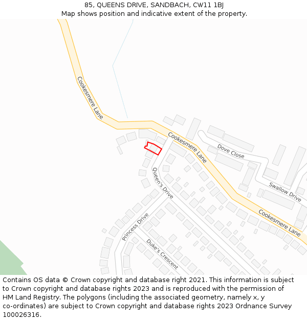 85, QUEENS DRIVE, SANDBACH, CW11 1BJ: Location map and indicative extent of plot