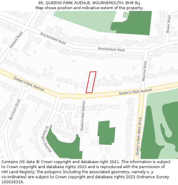 85, QUEENS PARK AVENUE, BOURNEMOUTH, BH8 9LJ: Location map and indicative extent of plot