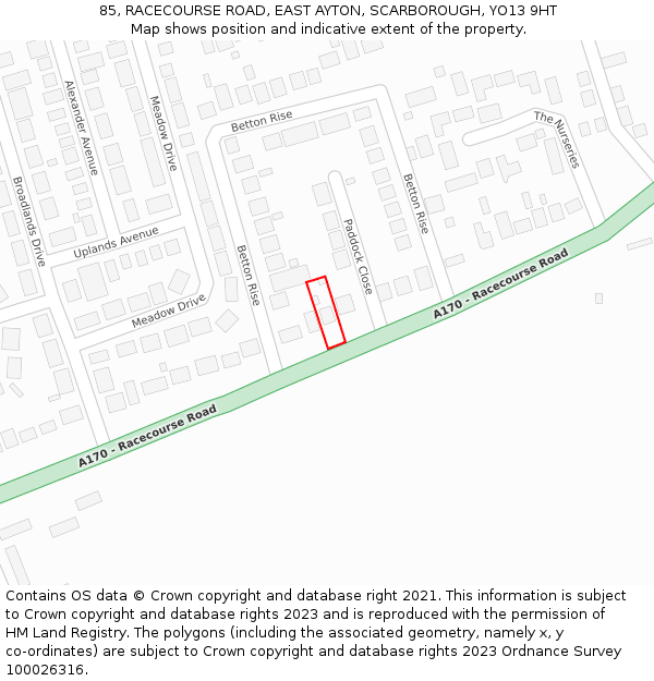 85, RACECOURSE ROAD, EAST AYTON, SCARBOROUGH, YO13 9HT: Location map and indicative extent of plot
