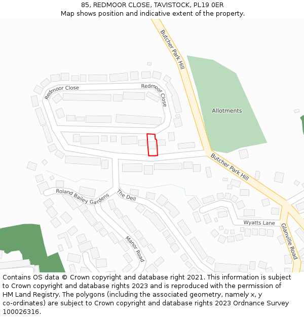 85, REDMOOR CLOSE, TAVISTOCK, PL19 0ER: Location map and indicative extent of plot