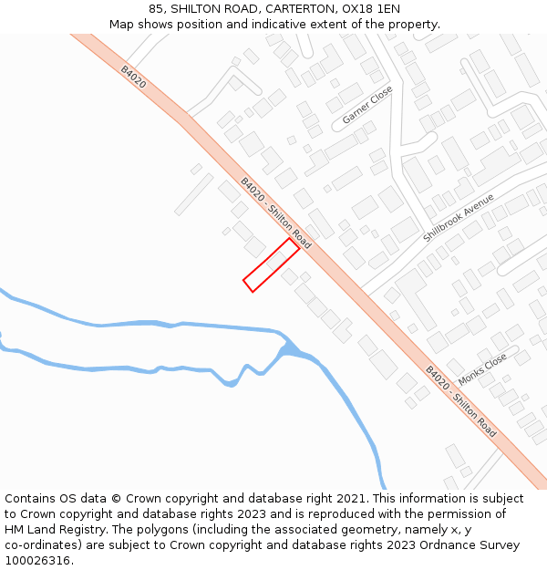 85, SHILTON ROAD, CARTERTON, OX18 1EN: Location map and indicative extent of plot