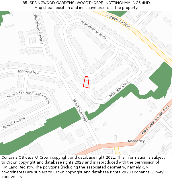 85, SPRINGWOOD GARDENS, WOODTHORPE, NOTTINGHAM, NG5 4HD: Location map and indicative extent of plot