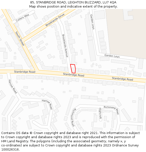 85, STANBRIDGE ROAD, LEIGHTON BUZZARD, LU7 4QA: Location map and indicative extent of plot