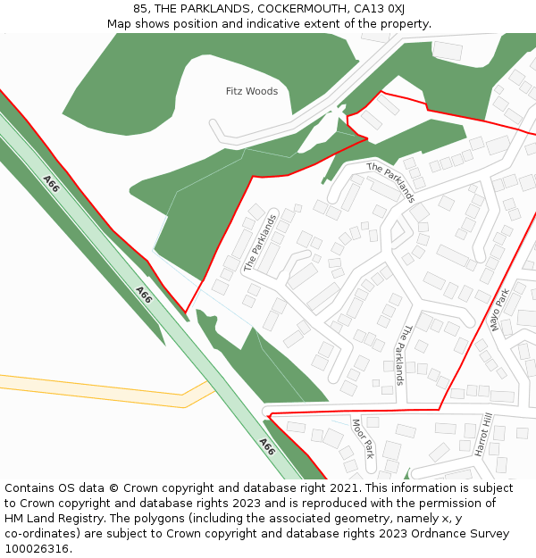 85, THE PARKLANDS, COCKERMOUTH, CA13 0XJ: Location map and indicative extent of plot