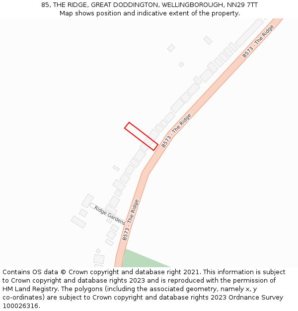 85, THE RIDGE, GREAT DODDINGTON, WELLINGBOROUGH, NN29 7TT: Location map and indicative extent of plot