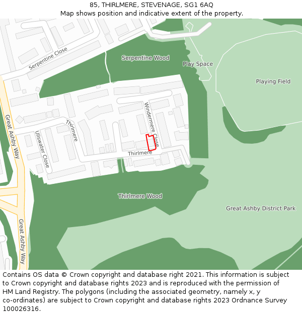 85, THIRLMERE, STEVENAGE, SG1 6AQ: Location map and indicative extent of plot