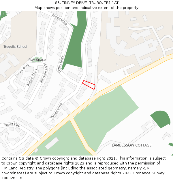 85, TINNEY DRIVE, TRURO, TR1 1AT: Location map and indicative extent of plot