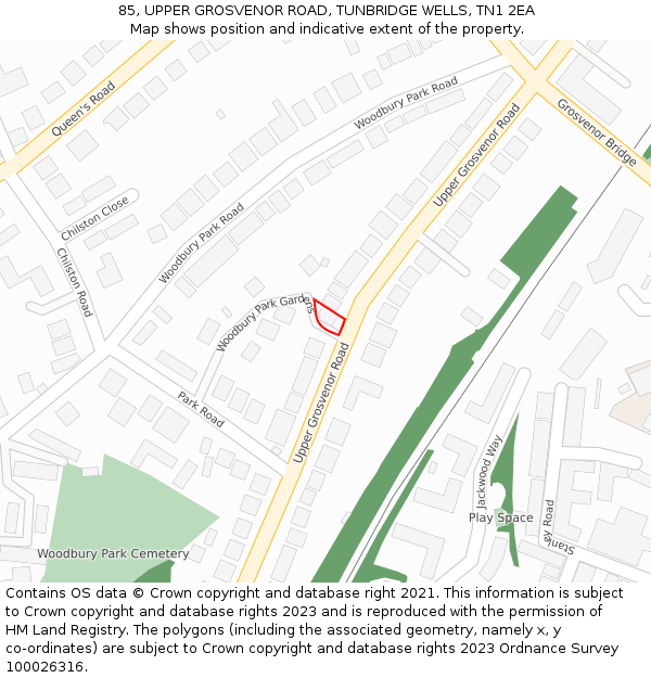 85, UPPER GROSVENOR ROAD, TUNBRIDGE WELLS, TN1 2EA: Location map and indicative extent of plot
