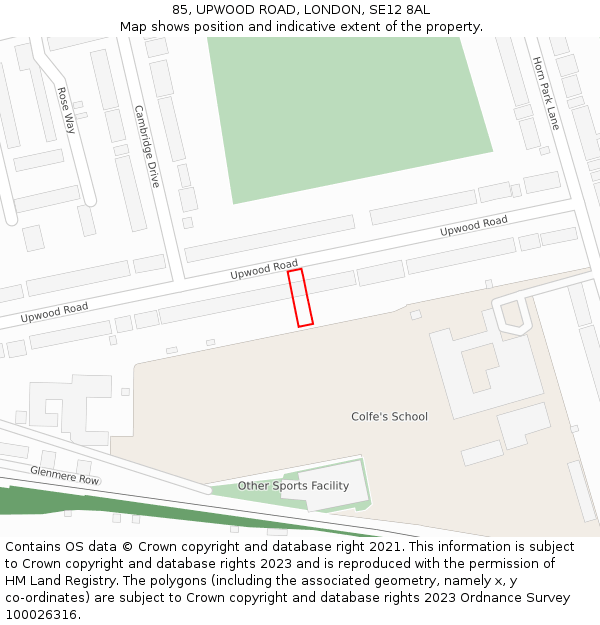 85, UPWOOD ROAD, LONDON, SE12 8AL: Location map and indicative extent of plot
