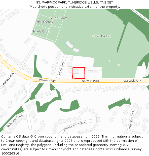 85, WARWICK PARK, TUNBRIDGE WELLS, TN2 5ET: Location map and indicative extent of plot