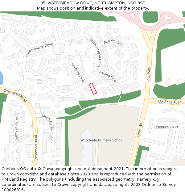 85, WATERMEADOW DRIVE, NORTHAMPTON, NN3 8ST: Location map and indicative extent of plot