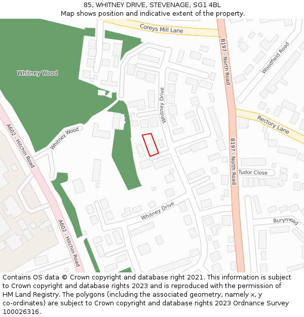 85, WHITNEY DRIVE, STEVENAGE, SG1 4BL: Location map and indicative extent of plot