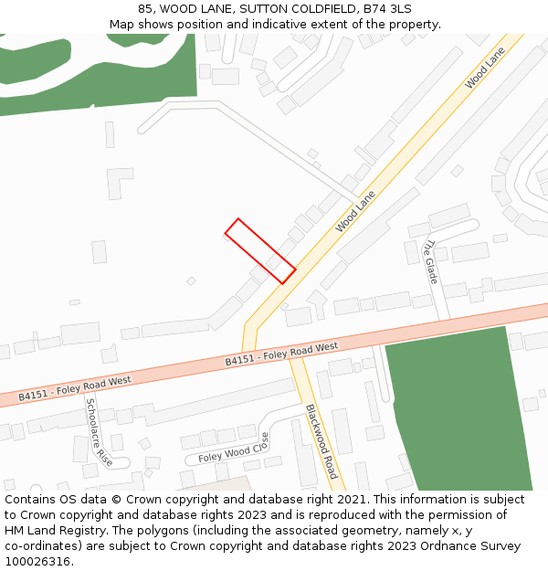 85, WOOD LANE, SUTTON COLDFIELD, B74 3LS: Location map and indicative extent of plot