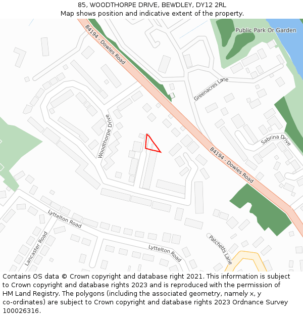 85, WOODTHORPE DRIVE, BEWDLEY, DY12 2RL: Location map and indicative extent of plot