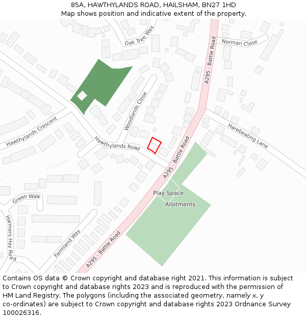 85A, HAWTHYLANDS ROAD, HAILSHAM, BN27 1HD: Location map and indicative extent of plot