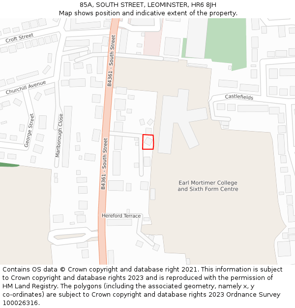 85A, SOUTH STREET, LEOMINSTER, HR6 8JH: Location map and indicative extent of plot