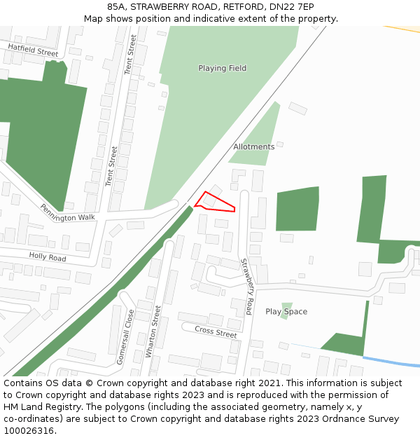 85A, STRAWBERRY ROAD, RETFORD, DN22 7EP: Location map and indicative extent of plot