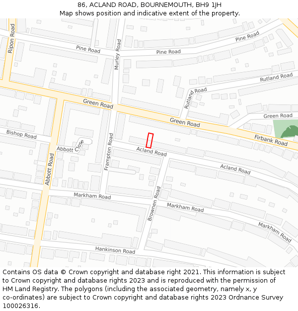 86, ACLAND ROAD, BOURNEMOUTH, BH9 1JH: Location map and indicative extent of plot