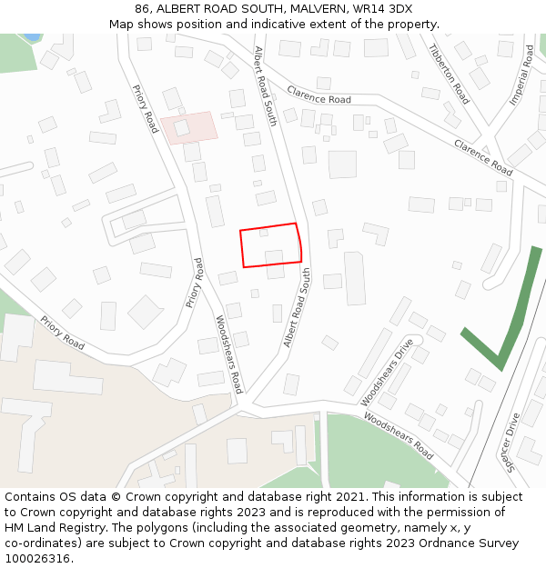 86, ALBERT ROAD SOUTH, MALVERN, WR14 3DX: Location map and indicative extent of plot