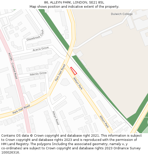 86, ALLEYN PARK, LONDON, SE21 8SL: Location map and indicative extent of plot