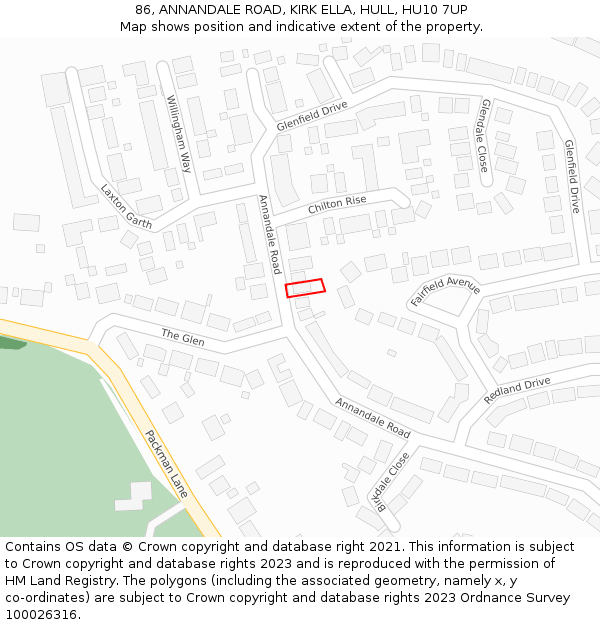 86, ANNANDALE ROAD, KIRK ELLA, HULL, HU10 7UP: Location map and indicative extent of plot