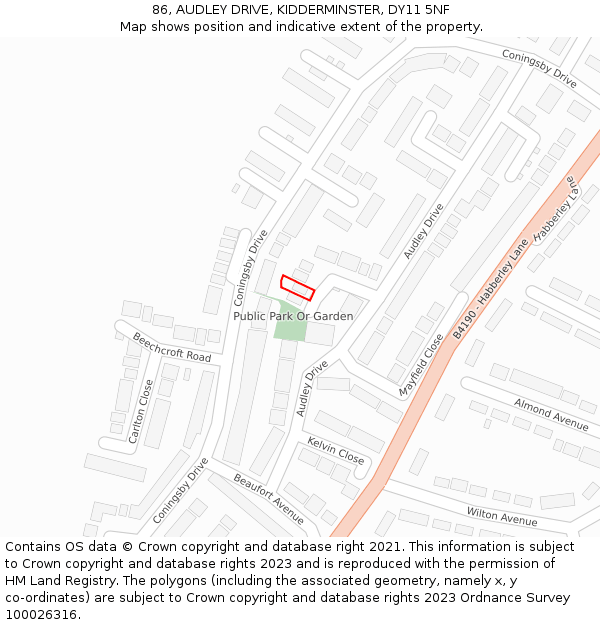 86, AUDLEY DRIVE, KIDDERMINSTER, DY11 5NF: Location map and indicative extent of plot