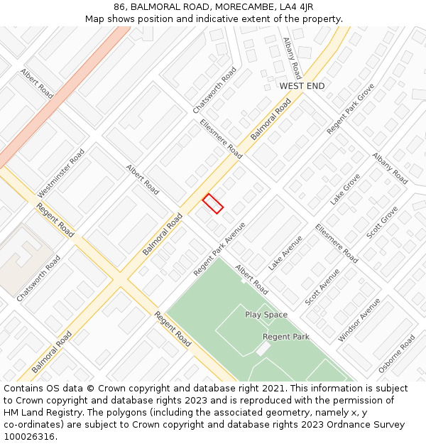 86, BALMORAL ROAD, MORECAMBE, LA4 4JR: Location map and indicative extent of plot