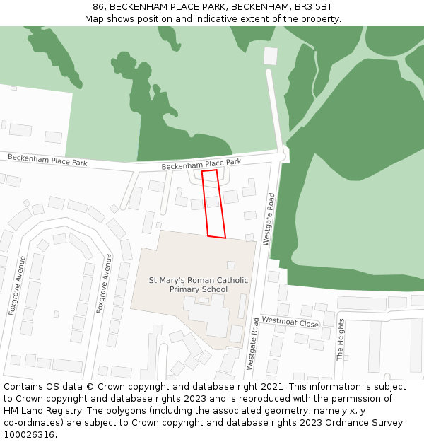 86, BECKENHAM PLACE PARK, BECKENHAM, BR3 5BT: Location map and indicative extent of plot