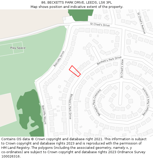 86, BECKETTS PARK DRIVE, LEEDS, LS6 3PL: Location map and indicative extent of plot