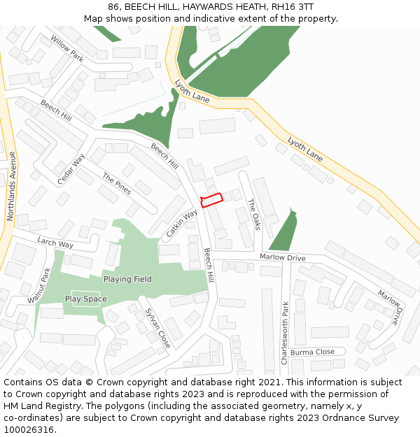 86, BEECH HILL, HAYWARDS HEATH, RH16 3TT: Location map and indicative extent of plot