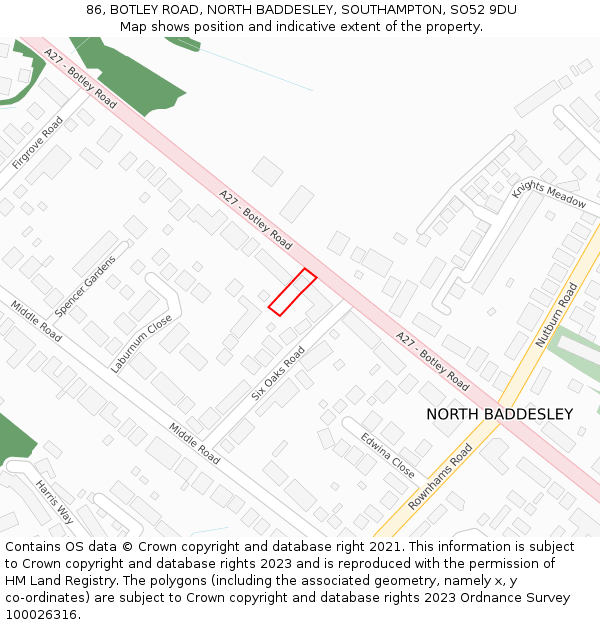 86, BOTLEY ROAD, NORTH BADDESLEY, SOUTHAMPTON, SO52 9DU: Location map and indicative extent of plot