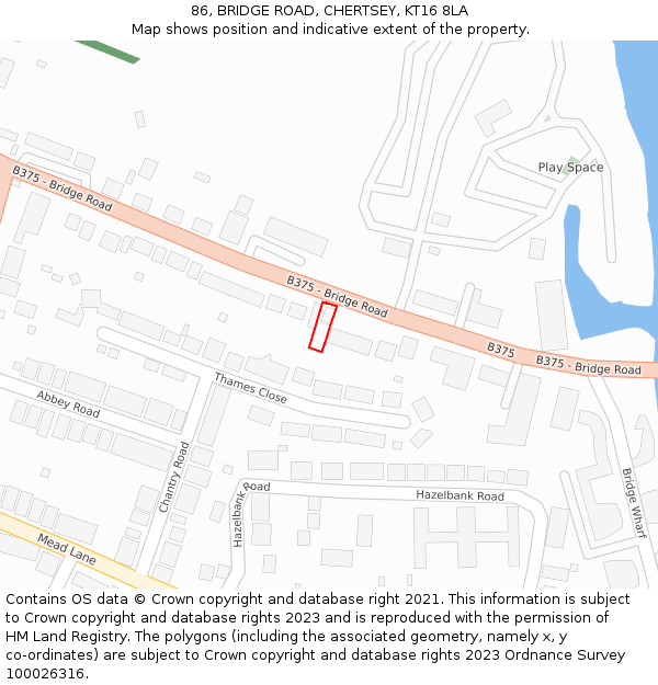 86, BRIDGE ROAD, CHERTSEY, KT16 8LA: Location map and indicative extent of plot