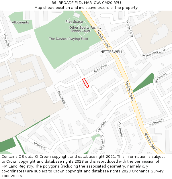 86, BROADFIELD, HARLOW, CM20 3PU: Location map and indicative extent of plot
