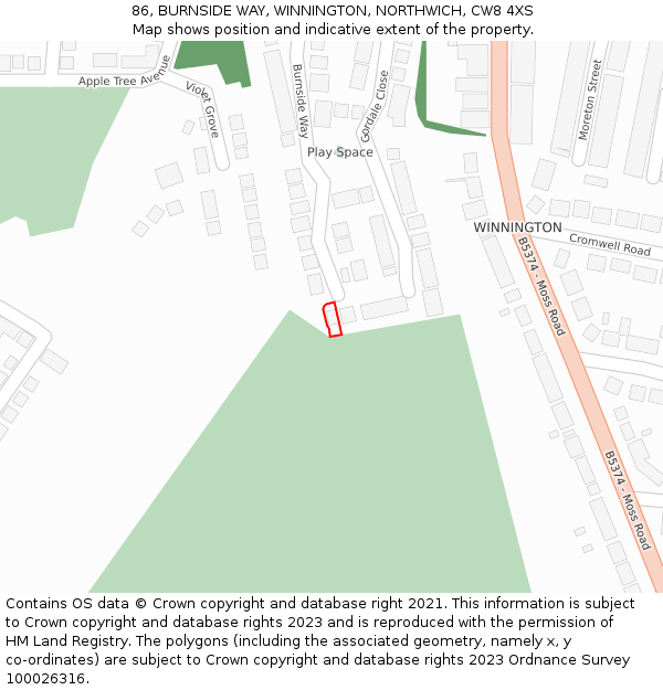 86, BURNSIDE WAY, WINNINGTON, NORTHWICH, CW8 4XS: Location map and indicative extent of plot