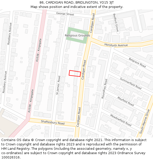 86, CARDIGAN ROAD, BRIDLINGTON, YO15 3JT: Location map and indicative extent of plot