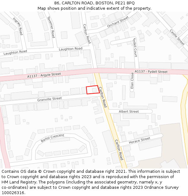 86, CARLTON ROAD, BOSTON, PE21 8PQ: Location map and indicative extent of plot